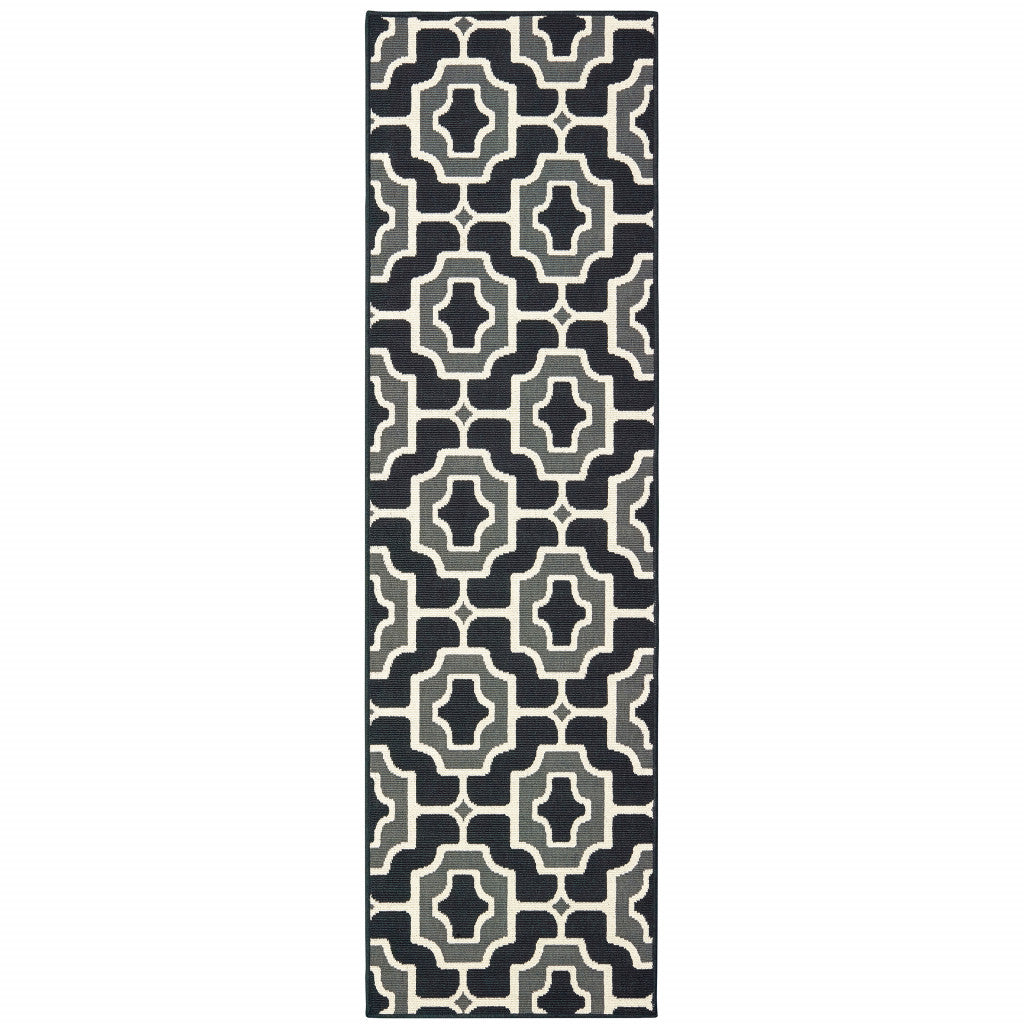 2' X 8' Black and Gray Geometric Stain Resistant Indoor Outdoor Area Rug