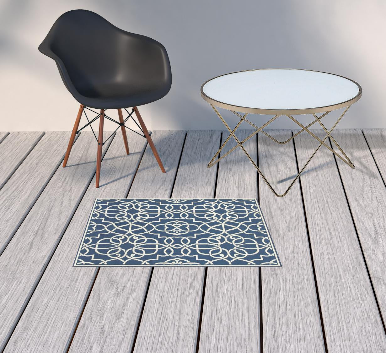 2' x 3' Blue and Ivory Geometric Stain Resistant Indoor Outdoor Area Rug