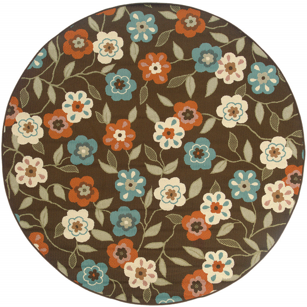 8' x 8' Brown and Ivory Round Floral Stain Resistant Indoor Outdoor Area Rug