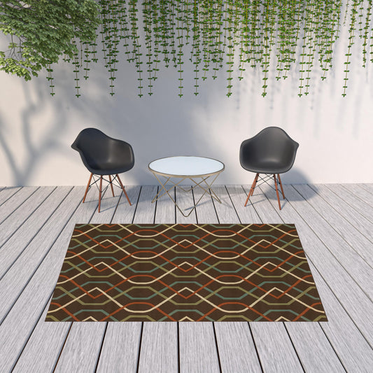 7' x 10' Brown and Ivory Geometric Stain Resistant Indoor Outdoor Area Rug