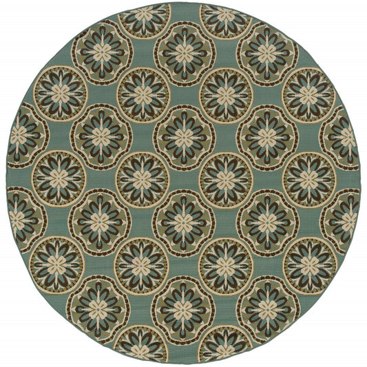 8' x 8' Blue and Ivory Round Floral Stain Resistant Indoor Outdoor Area Rug