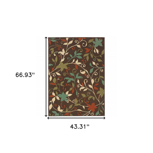 4' x 6' Brown Floral Stain Resistant Indoor Outdoor Area Rug