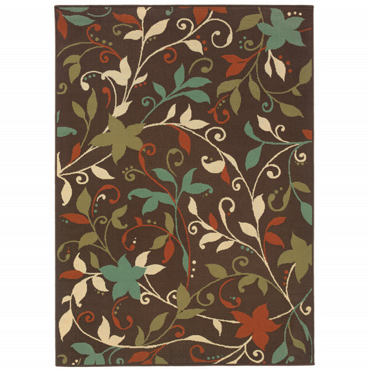 5' x 8' Brown Floral Stain Resistant Indoor Outdoor Area Rug