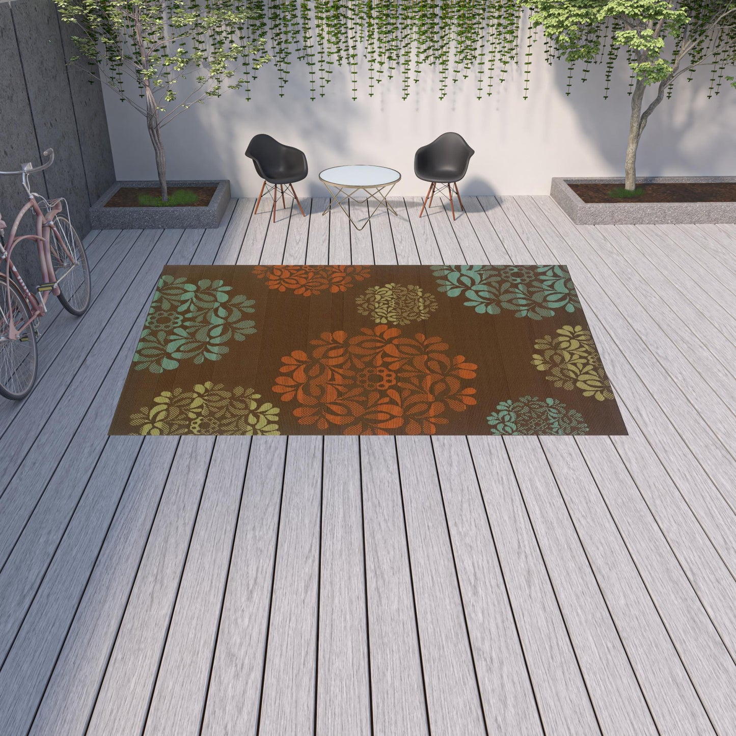 9' X 13' Brown Floral Stain Resistant Indoor Outdoor Area Rug