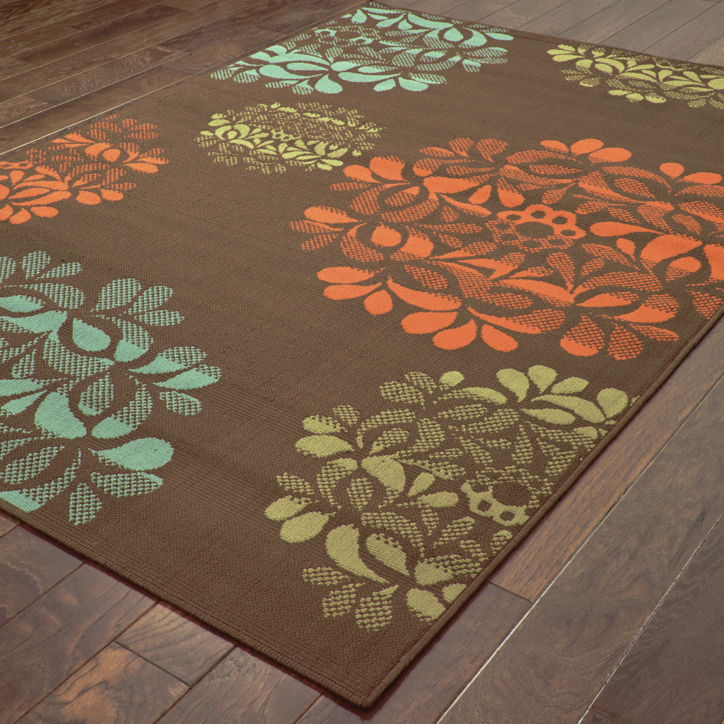 9' X 13' Brown Floral Stain Resistant Indoor Outdoor Area Rug