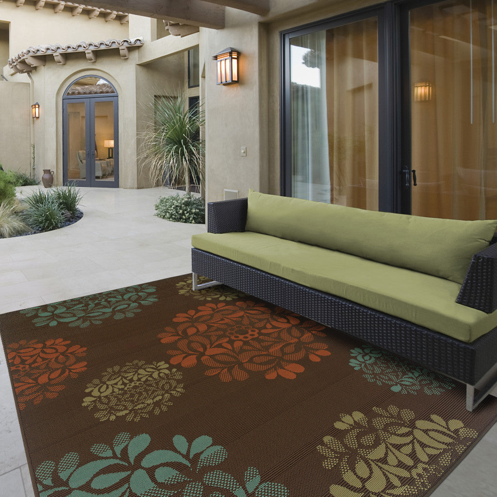 9' X 13' Brown Floral Stain Resistant Indoor Outdoor Area Rug