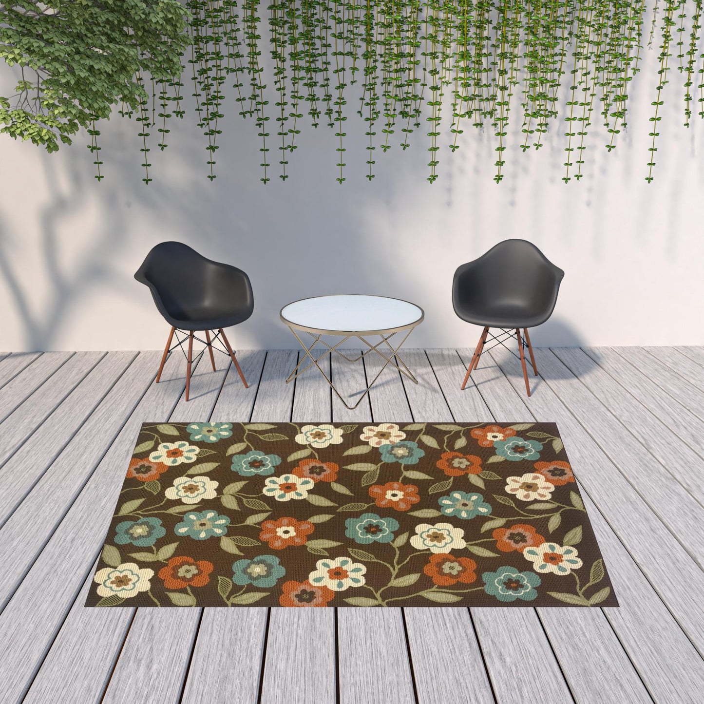 7' x 10' Brown and Ivory Floral Stain Resistant Indoor Outdoor Area Rug