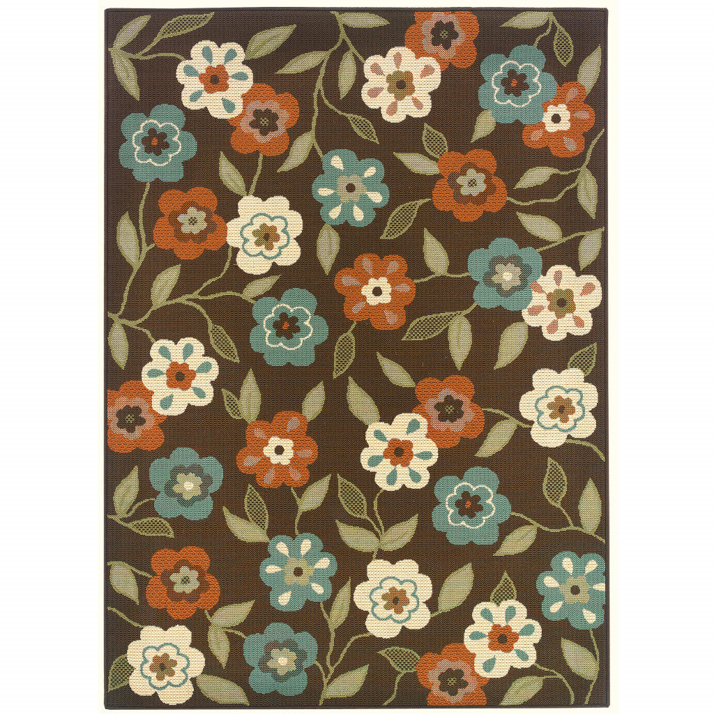 7' x 10' Brown and Ivory Floral Stain Resistant Indoor Outdoor Area Rug