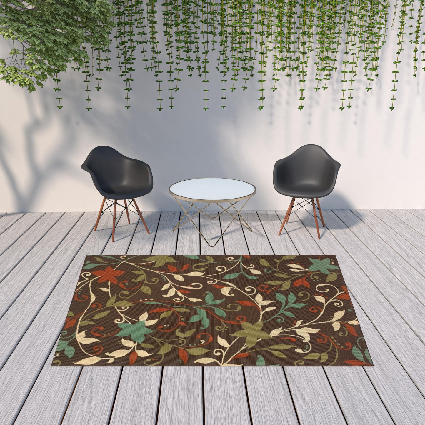 7' x 10' Brown Floral Stain Resistant Indoor Outdoor Area Rug