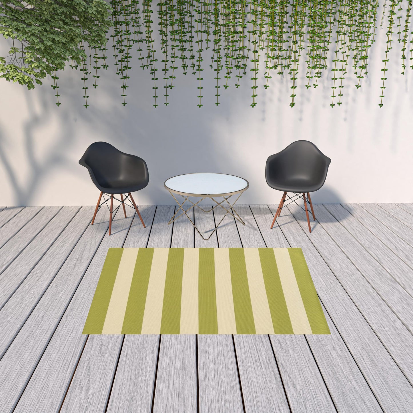 5' x 8' Green and Ivory Geometric Stain Resistant Indoor Outdoor Area Rug