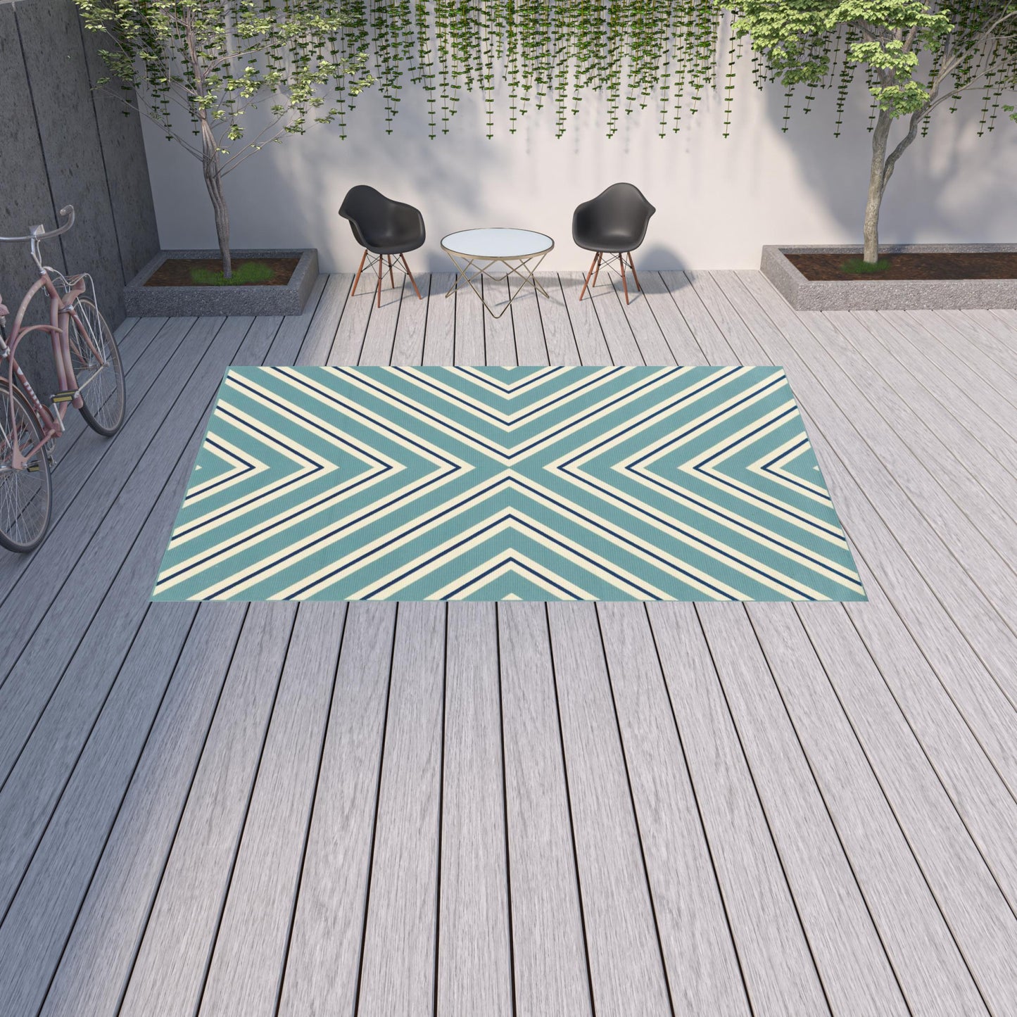 9' X 13' Blue Geometric Stain Resistant Indoor Outdoor Area Rug