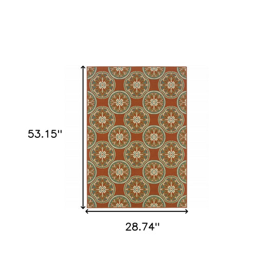 2' X 4' Brown and Ivory Floral Stain Resistant Indoor Outdoor Area Rug