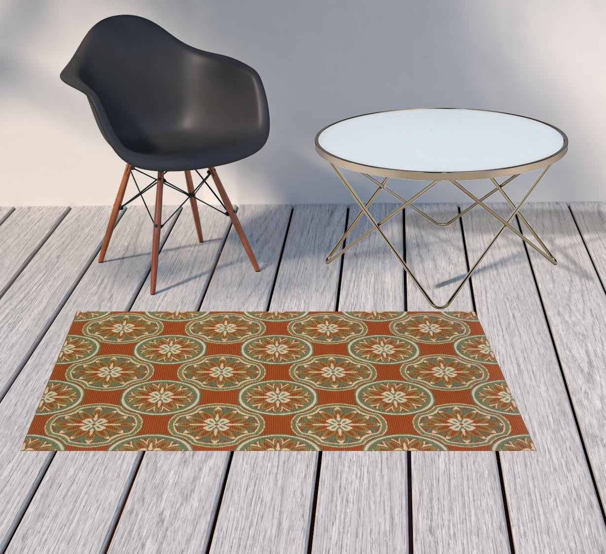 2' X 4' Brown and Ivory Floral Stain Resistant Indoor Outdoor Area Rug