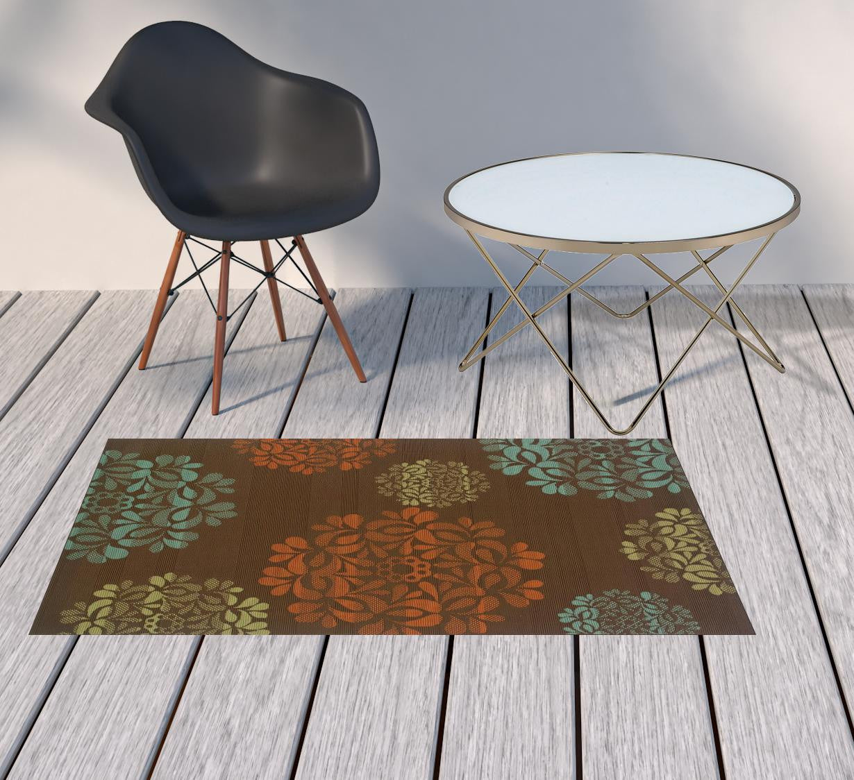 2' X 4' Brown Floral Stain Resistant Indoor Outdoor Area Rug