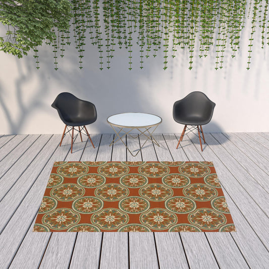 7' x 10' Brown and Ivory Floral Stain Resistant Indoor Outdoor Area Rug