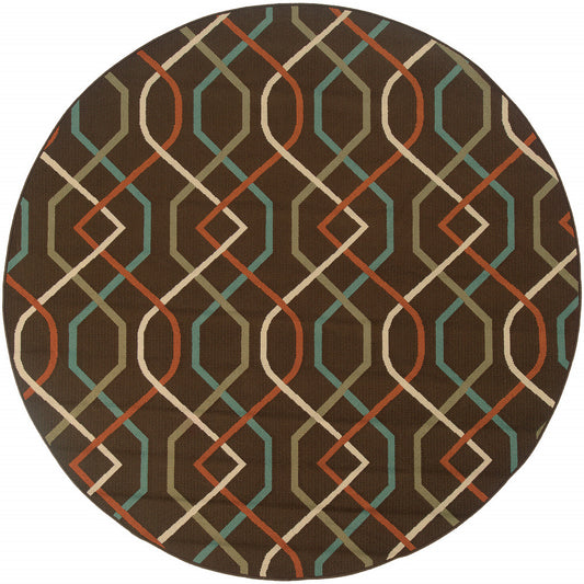 8' x 8' Brown and Ivory Round Geometric Stain Resistant Indoor Outdoor Area Rug