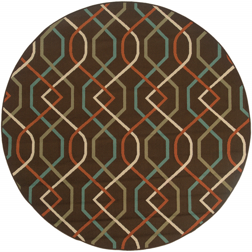 8' x 8' Brown and Ivory Round Geometric Stain Resistant Indoor Outdoor Area Rug