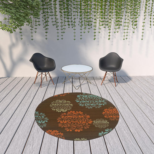 8' x 8' Brown Round Floral Stain Resistant Indoor Outdoor Area Rug