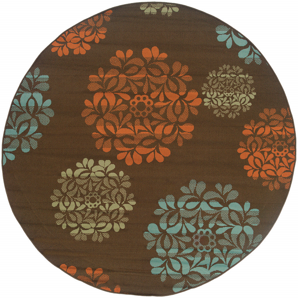 8' x 8' Brown Round Floral Stain Resistant Indoor Outdoor Area Rug