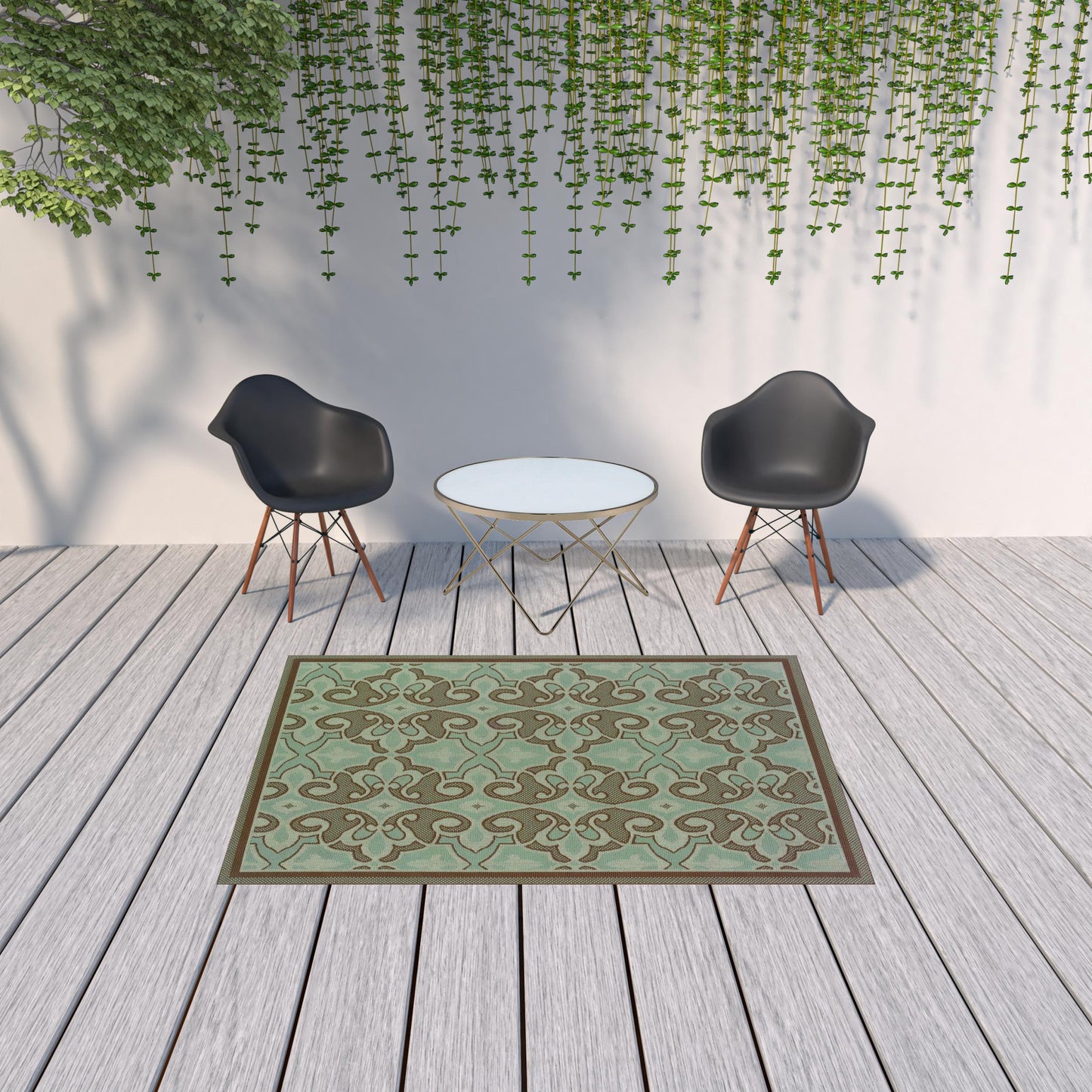 5' x 8' Blue Oriental Stain Resistant Indoor Outdoor Area Rug