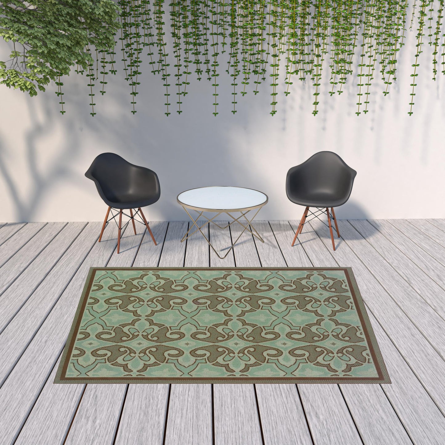 7' x 10' Blue Oriental Stain Resistant Indoor Outdoor Area Rug