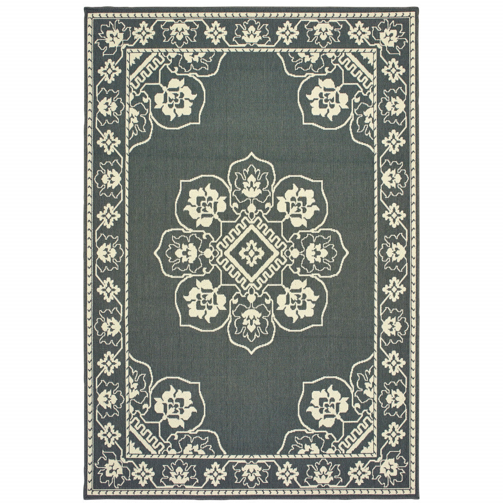 5' x 8' Gray and Ivory Oriental Stain Resistant Indoor Outdoor Area Rug