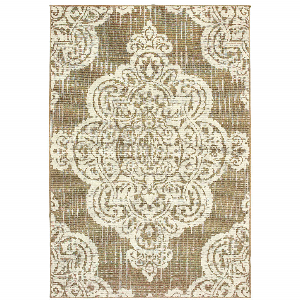 5' x 8' Tan Oriental Stain Resistant Indoor Outdoor Area Rug