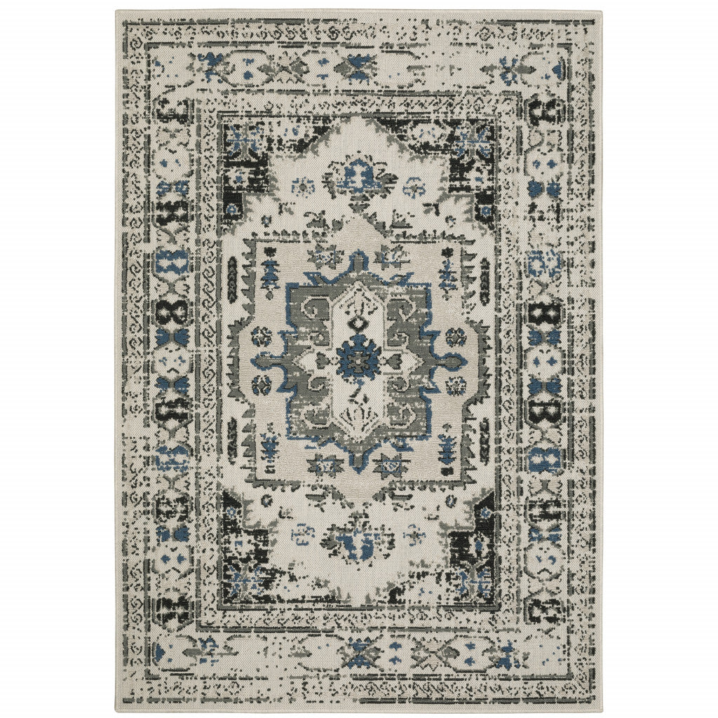 10' x 13' Blue and Beige Oriental Stain Resistant Indoor Outdoor Area Rug