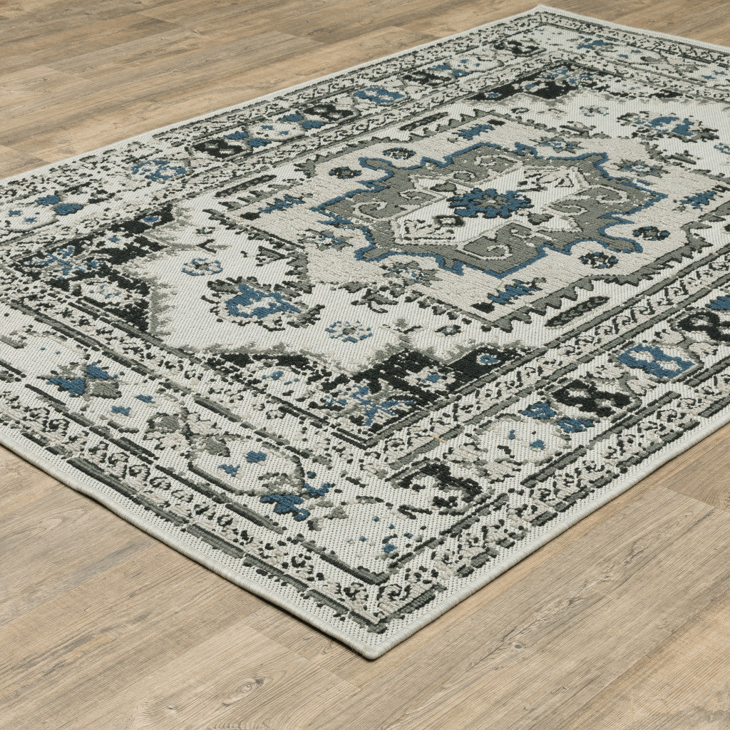 10' x 13' Blue and Beige Oriental Stain Resistant Indoor Outdoor Area Rug