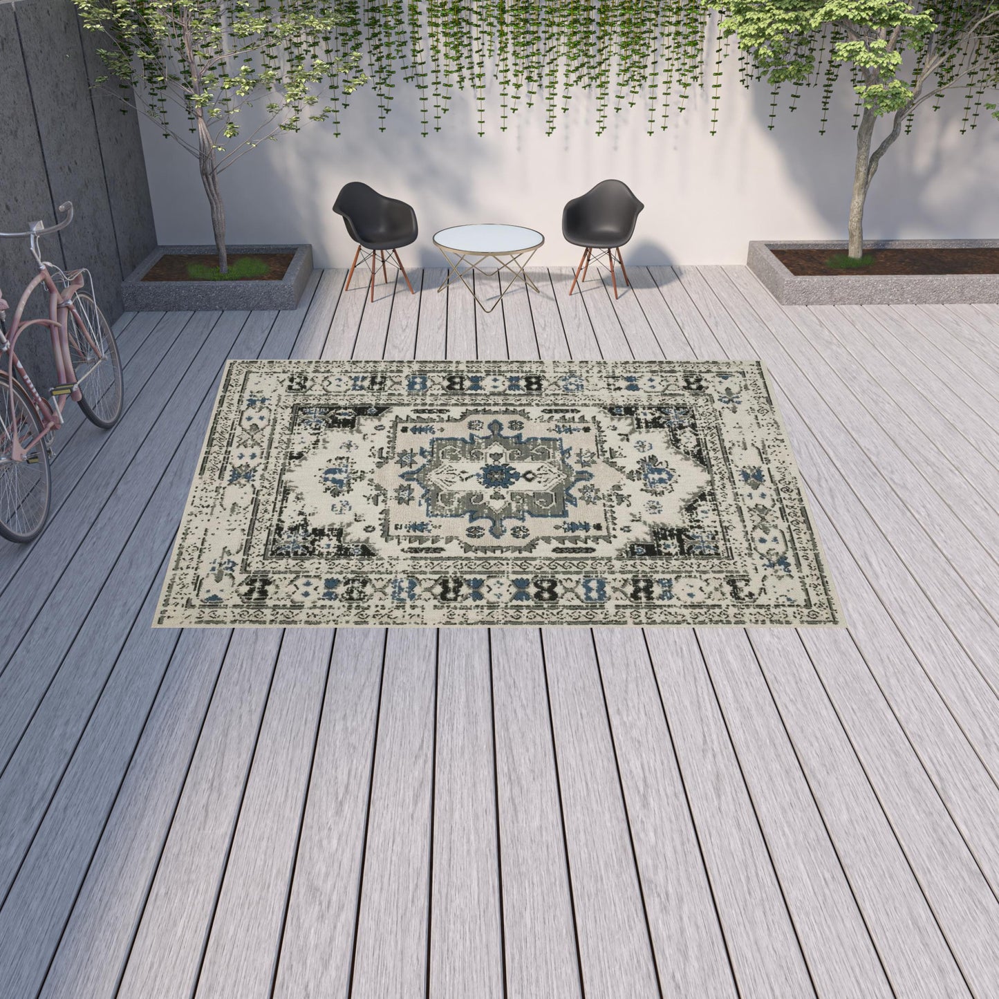 10' x 13' Blue and Beige Oriental Stain Resistant Indoor Outdoor Area Rug