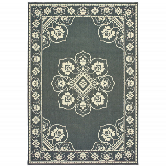 8' x 11' Gray and Ivory Oriental Stain Resistant Indoor Outdoor Area Rug