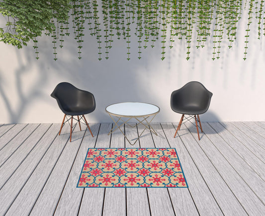 4' x 5' Blue and Beige Oriental Stain Resistant Indoor Outdoor Area Rug