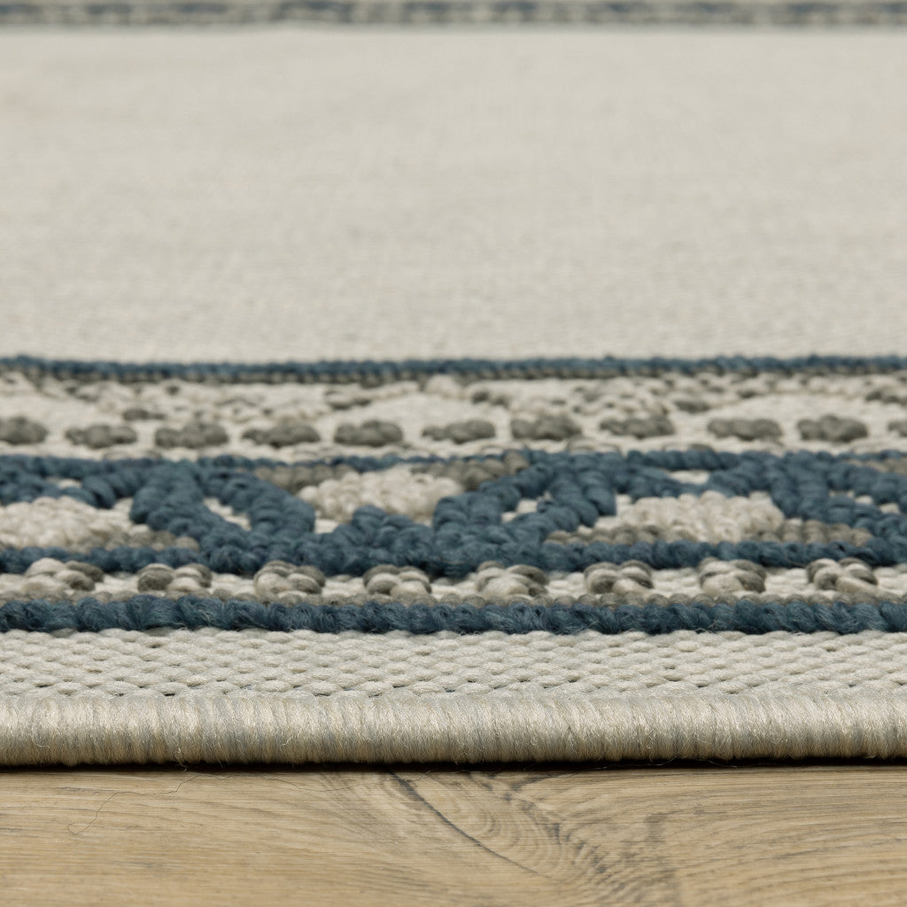 2' X 7' Blue and Beige Stain Resistant Indoor Outdoor Area Rug