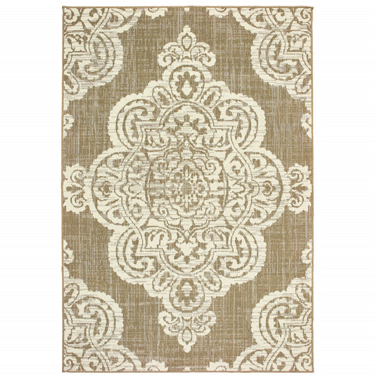 8' x 11' Tan Oriental Stain Resistant Indoor Outdoor Area Rug