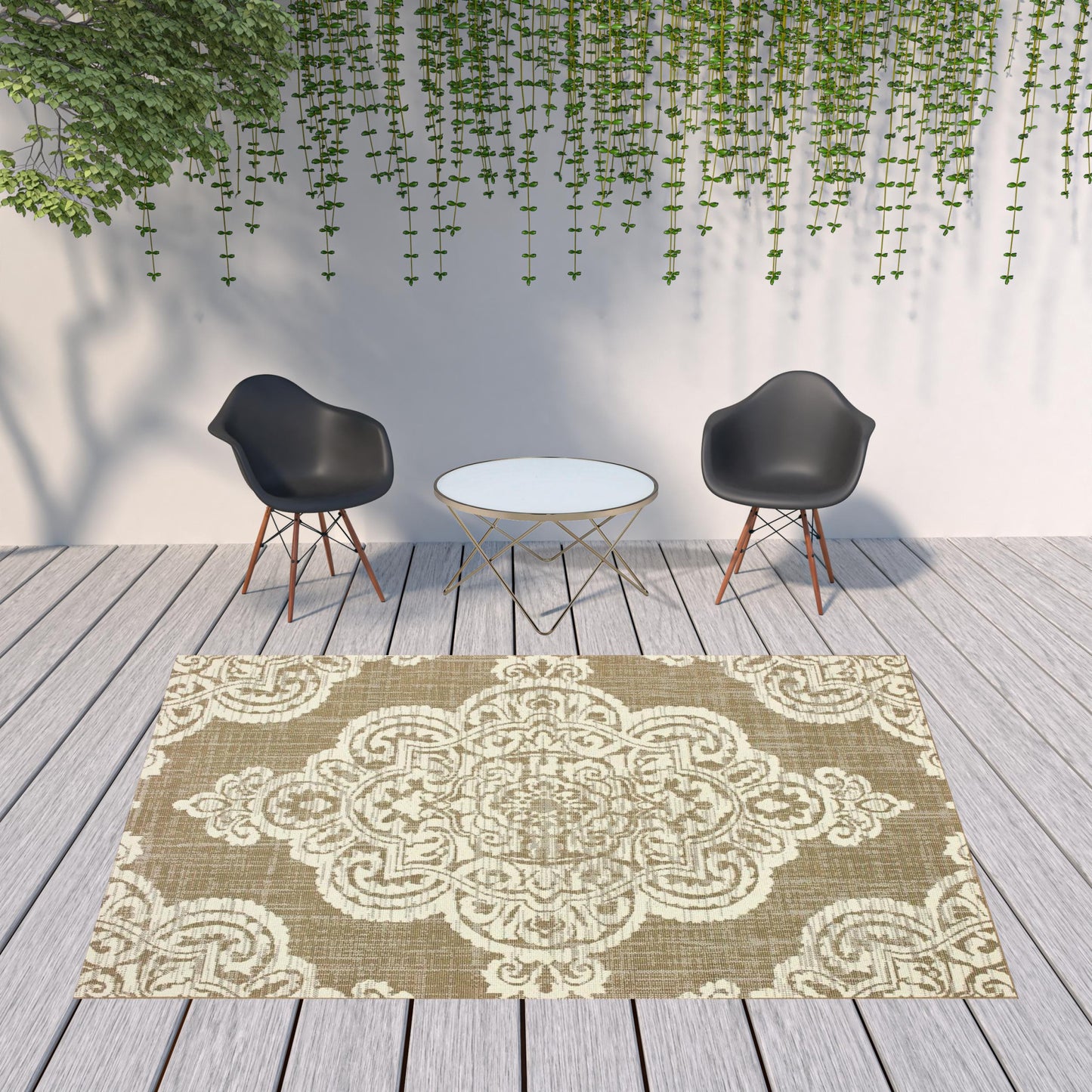 8' x 11' Tan Oriental Stain Resistant Indoor Outdoor Area Rug