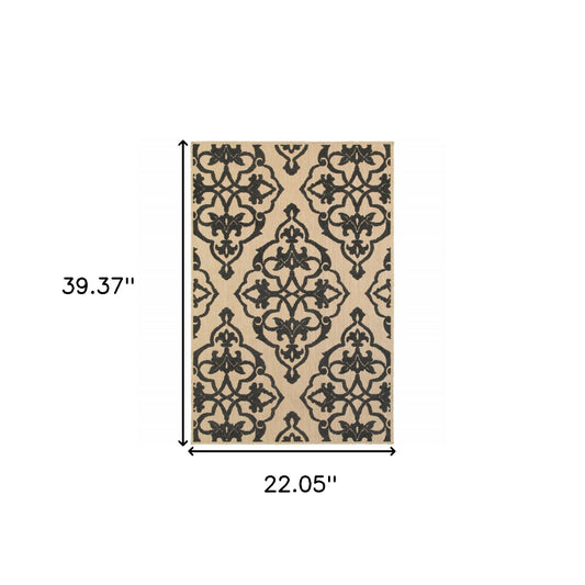 2' x 3' Beige and Black Oriental Stain Resistant Indoor Outdoor Area Rug