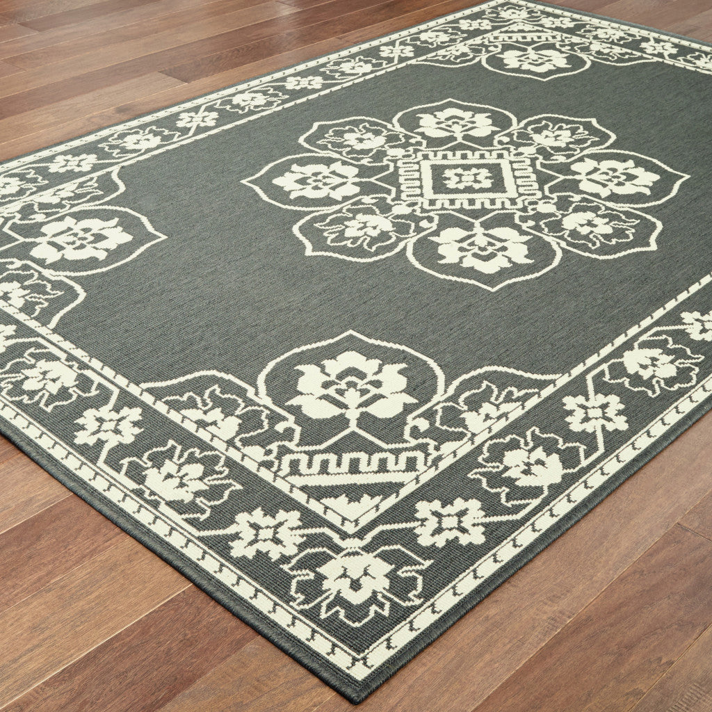 2' X 4' Gray and Ivory Oriental Stain Resistant Indoor Outdoor Area Rug