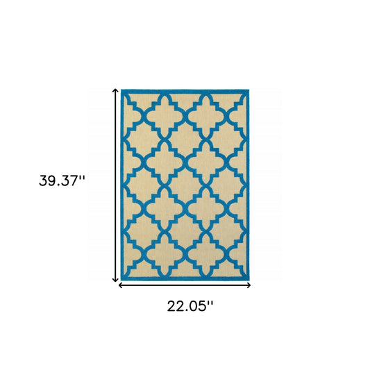 2' x 3' Blue and Beige Geometric Stain Resistant Indoor Outdoor Area Rug