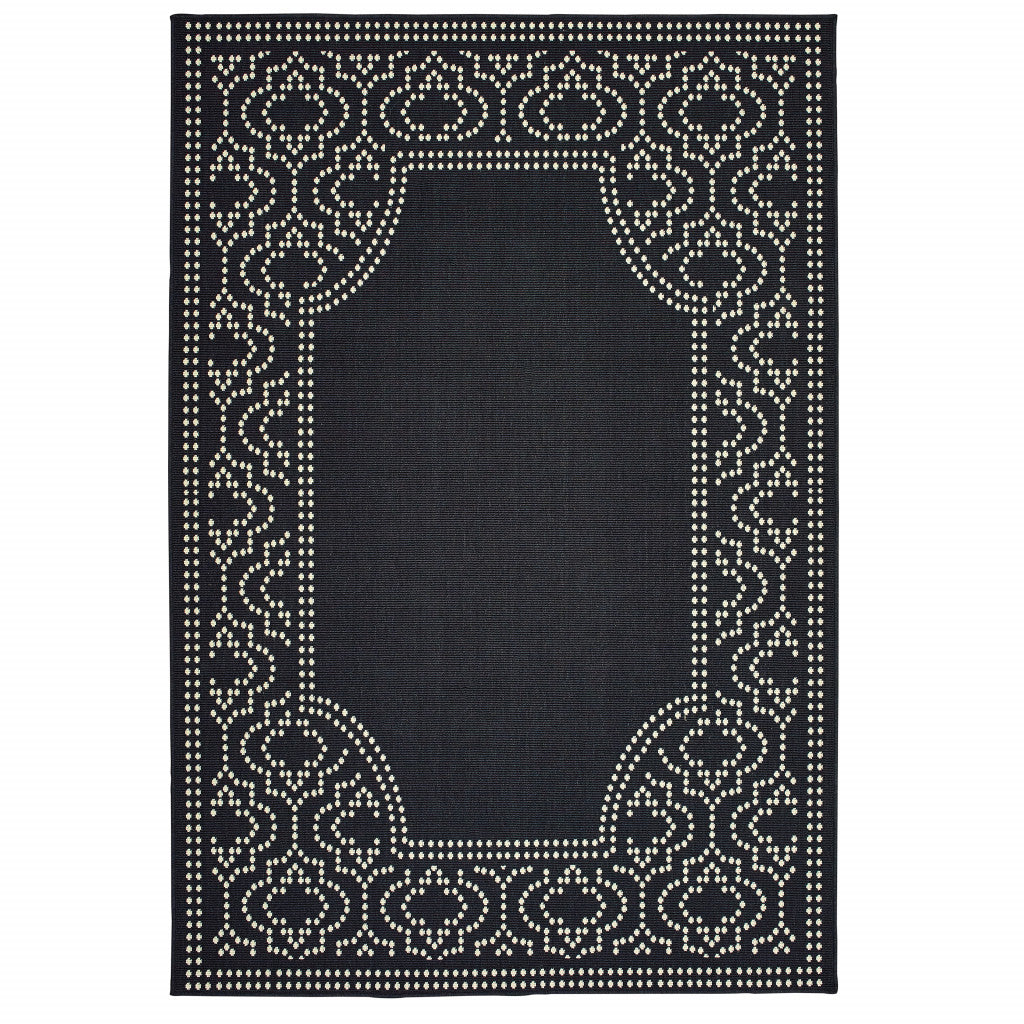 9' X 13' Black and Ivory Stain Resistant Indoor Outdoor Area Rug