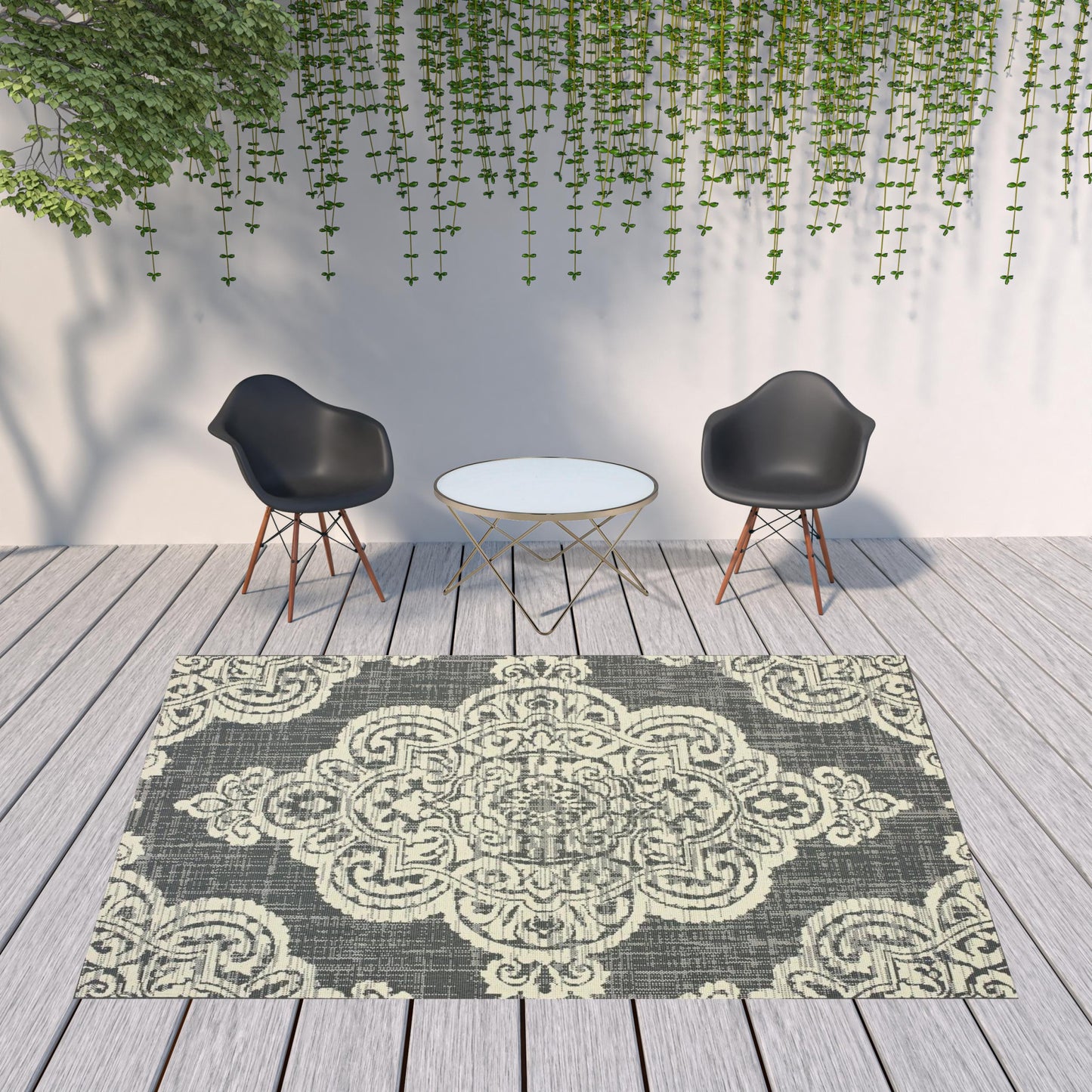 8' x 11' Gray and Ivory Oriental Stain Resistant Indoor Outdoor Area Rug