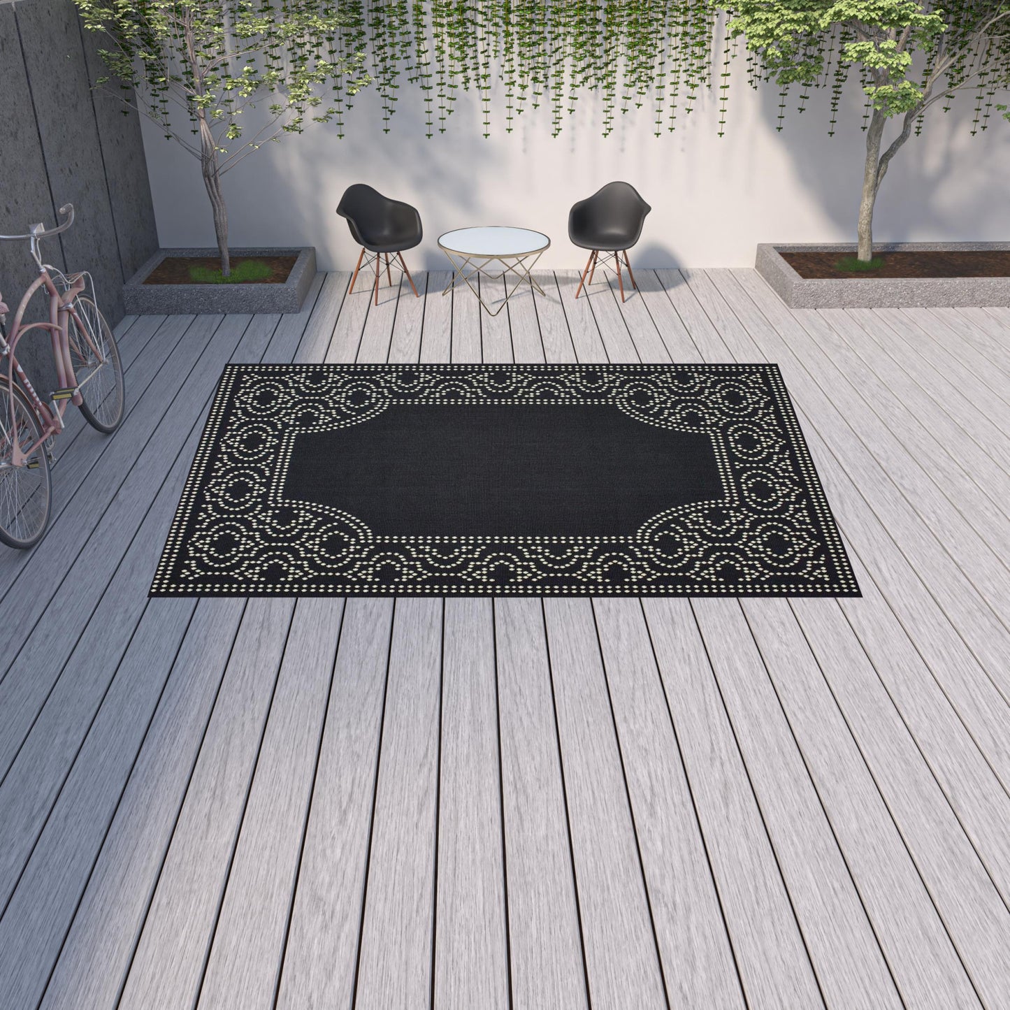 9' X 13' Black and Ivory Stain Resistant Indoor Outdoor Area Rug