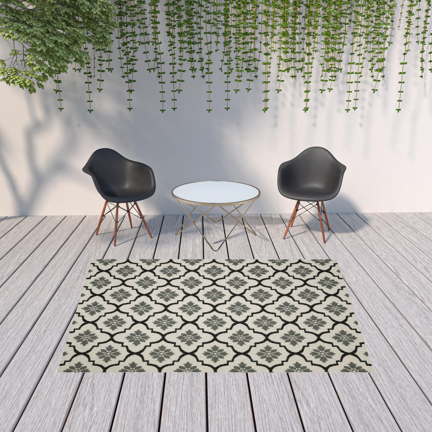 7' x 9' Beige and Black Geometric Stain Resistant Indoor Outdoor Area Rug