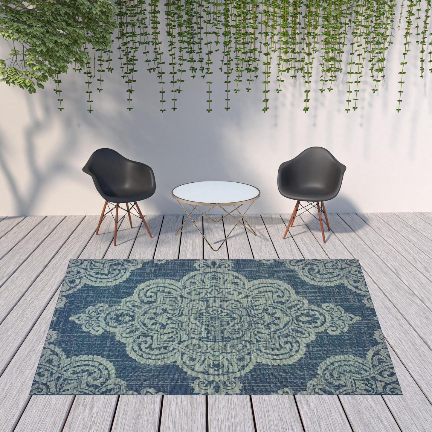 8' x 11' Blue Oriental Stain Resistant Indoor Outdoor Area Rug