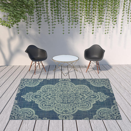 8' x 11' Blue Oriental Stain Resistant Indoor Outdoor Area Rug