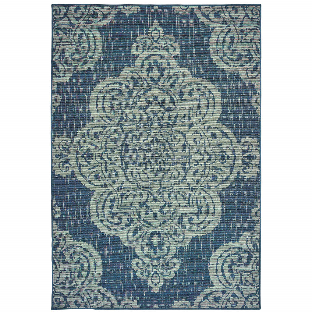 8' x 11' Blue Oriental Stain Resistant Indoor Outdoor Area Rug