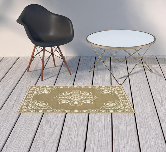 2' X 4' Tan Oriental Stain Resistant Indoor Outdoor Area Rug