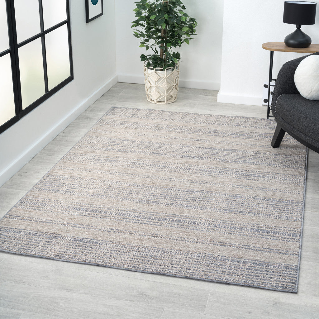 5' X 7' Ivory And Blue Striped Indoor Outdoor Area Rug