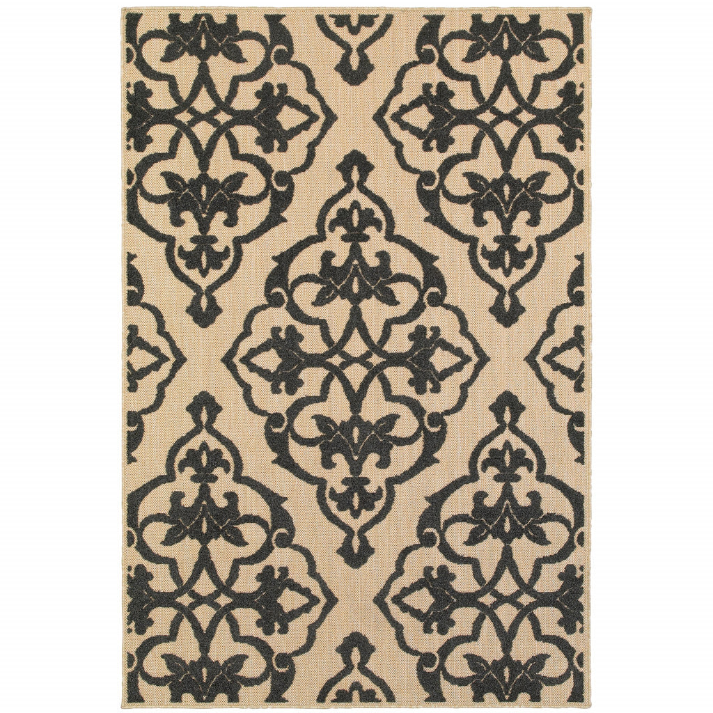 10' x 13' Beige and Black Oriental Stain Resistant Indoor Outdoor Area Rug