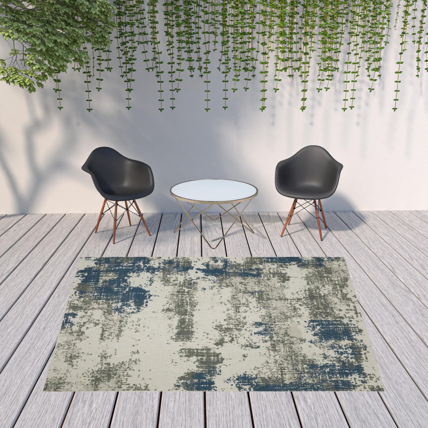 8' x 10' Blue and Beige Abstract Stain Resistant Indoor Outdoor Area Rug