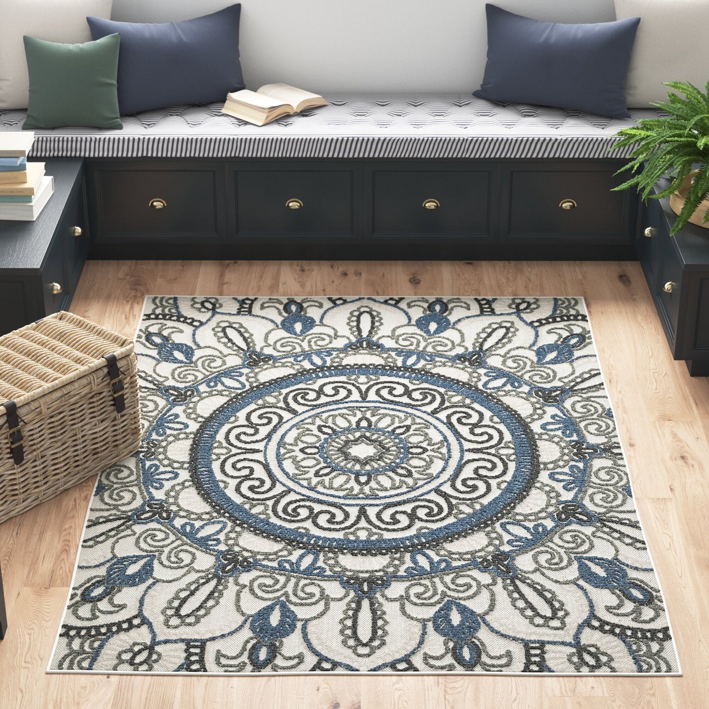 10' x 13' Blue and Beige Geometric Stain Resistant Indoor Outdoor Area Rug